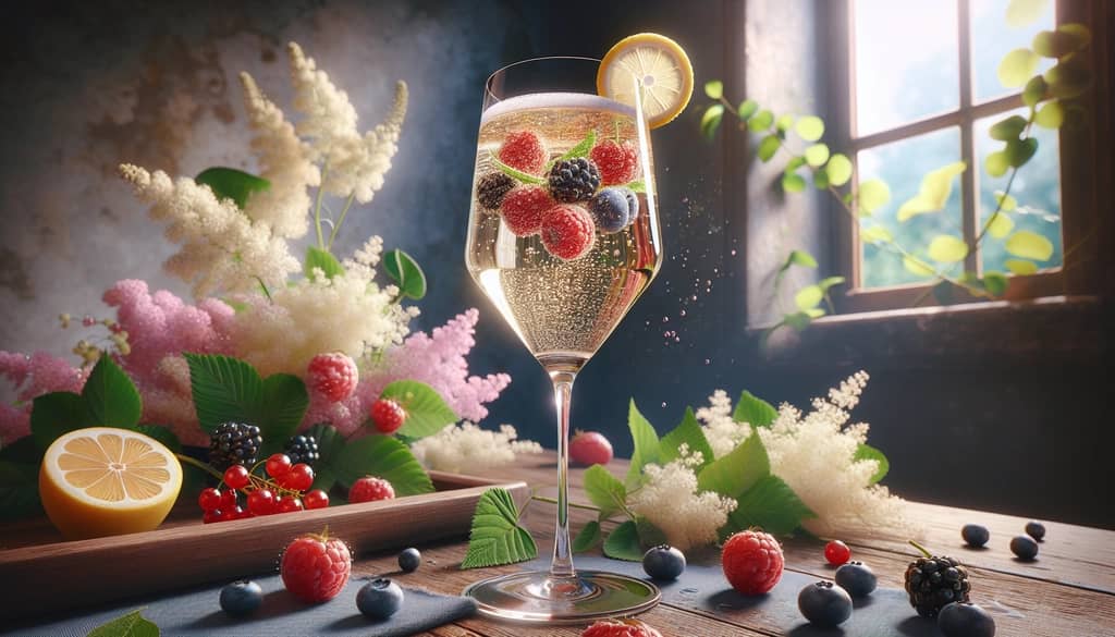 An elegant glass filled with prosecco and elderflower, topped with fresh berries, exuding a lively and refreshing atmosphere.