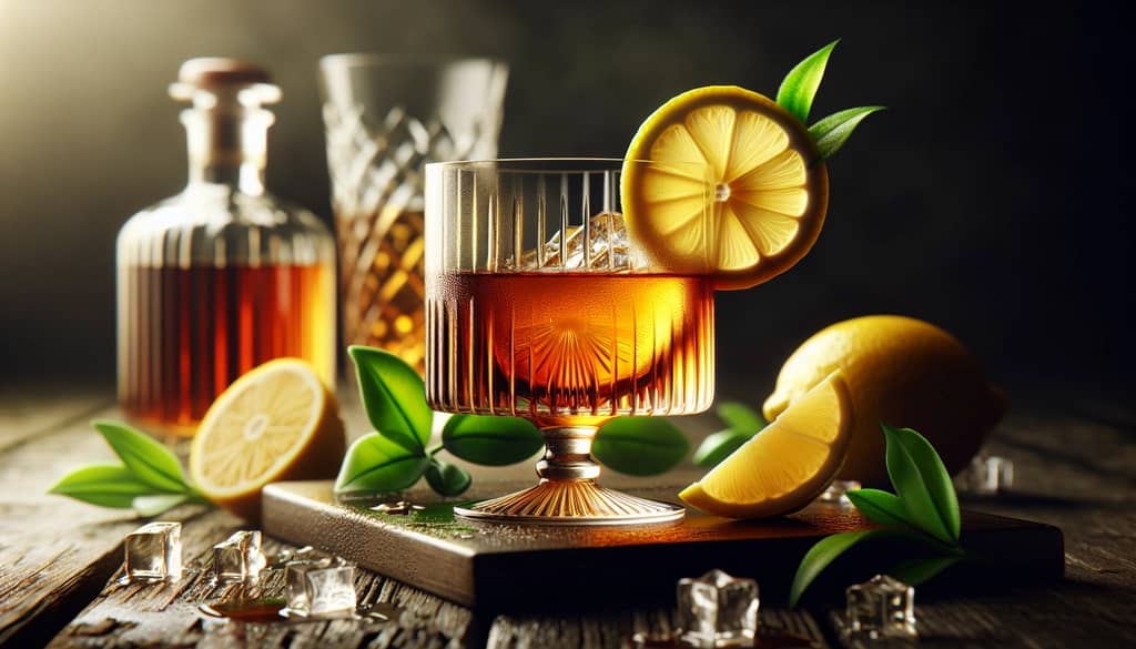 An elegant glass of Bourbon Sidecar cocktail garnished with a lemon twist, capturing the drink's classic charm