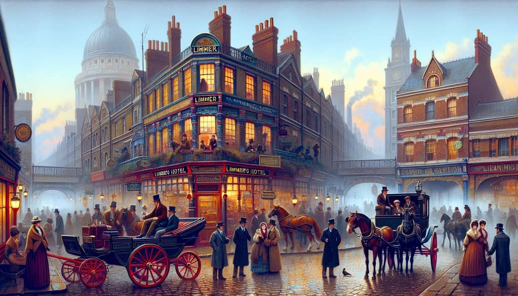 An illustration depicting the bustling streets of 19th century London alongside a depiction of John Collins at Limmer's Hotel.