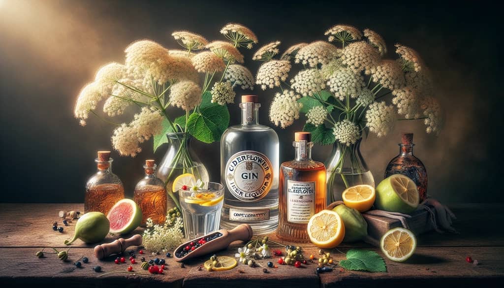 An illustration highlighting the bottles of gin and elderflower liqueur beside fresh elderflowers, showcasing their complementary flavors