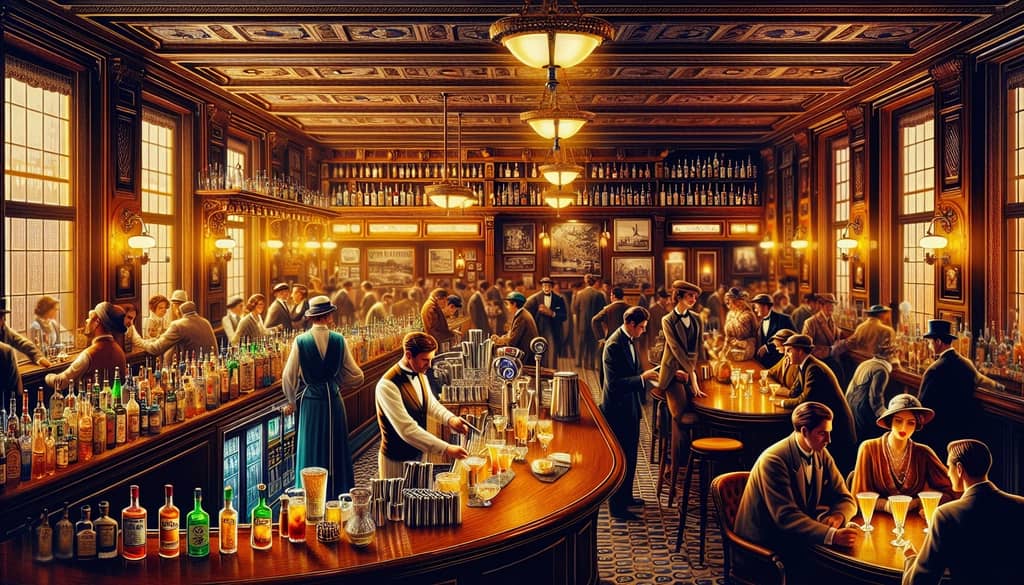 An illustration of a bustling 1920s Parisian bar where the Old Pal cocktail was first crafted.