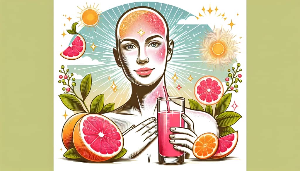 An illustration of a person enjoying vibrant skin and health, symbolizing the benefits of grapefruit juice consumption.