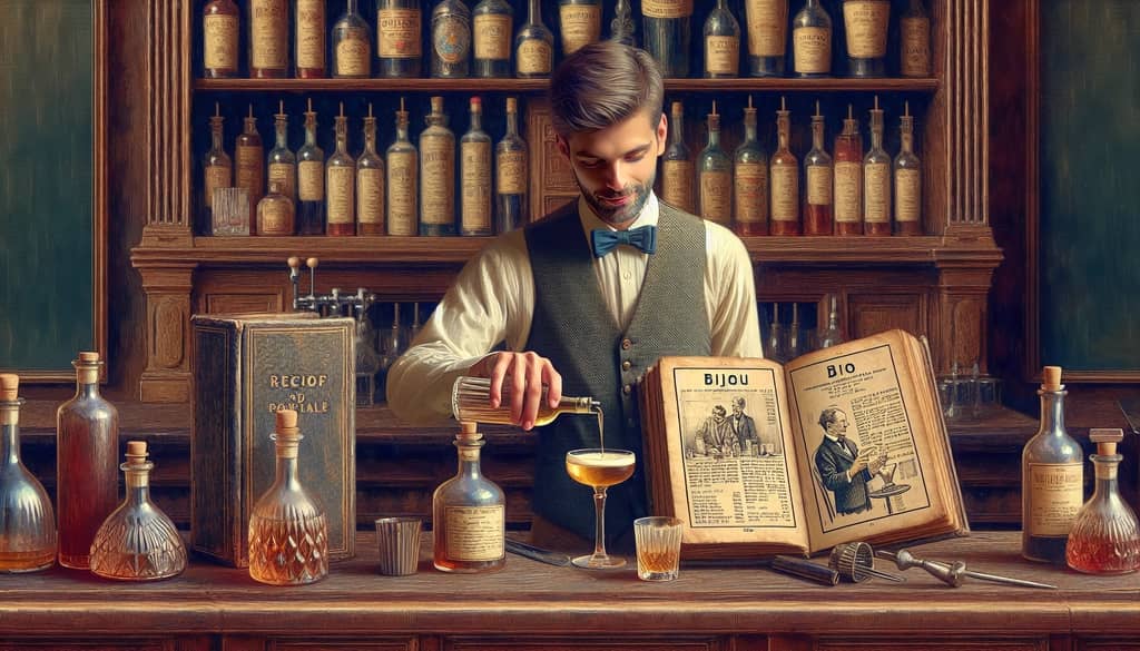 An illustration of bartender Harry Johnson and an image of his bartending manual where the Bijou first appeared.