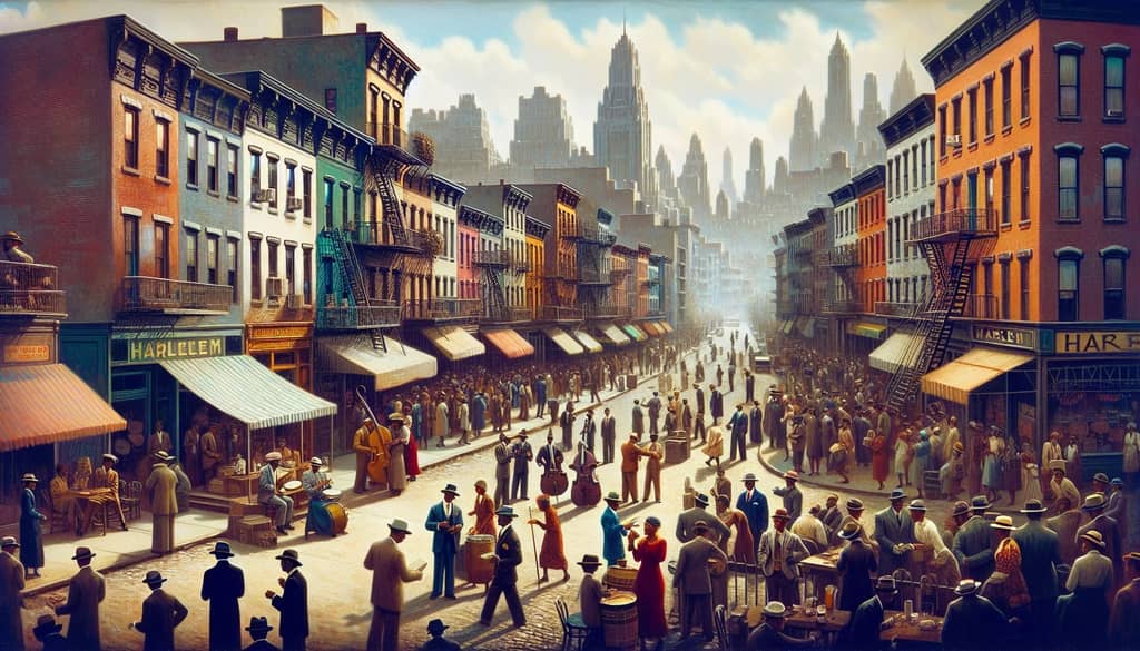 An illustration of Harlem during the 1920s, capturing the vibrancy of its cultural renaissance