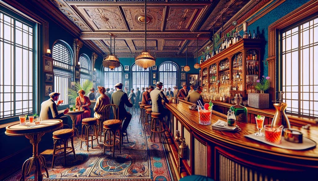 An illustration of Harry’s New York Bar in Paris during the 1920s, capturing the lively atmosphere where the Between the Sheets cocktail was born.