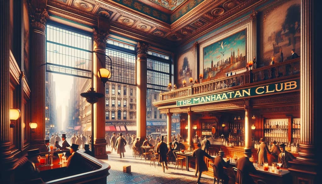 An illustration of the Manhattan Club, the alleged birthplace of the Brandy Manhattan cocktail in New York City.