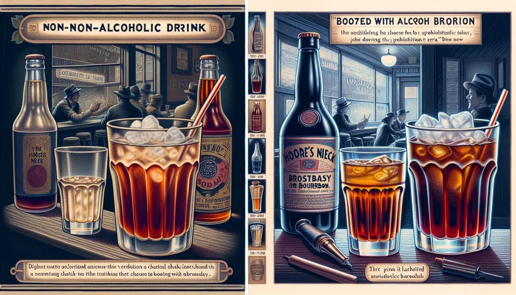 An illustration showing the evolution of the Horse's Neck from a non-alcoholic drink to a Prohibition era favorite with brandy or bourbon.