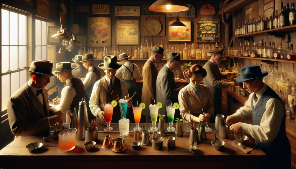 An image depicting a vintage bar scene with mixologists crafting innovative Gin Mule cocktails during the Prohibition era.