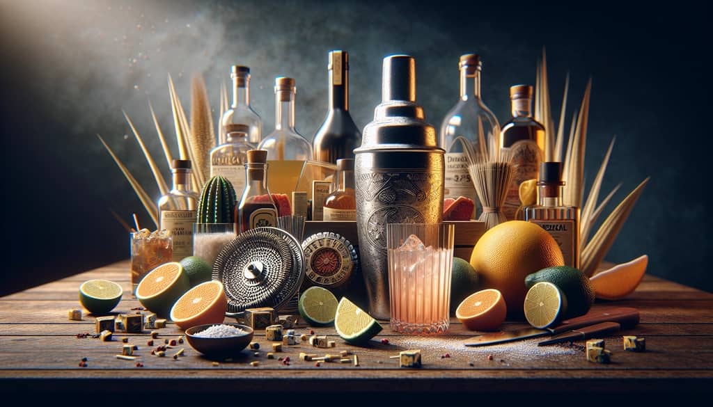 An image of a cocktail shaker next to various cocktail ingredients, illustrating the process of experimenting with Mezcal quantities