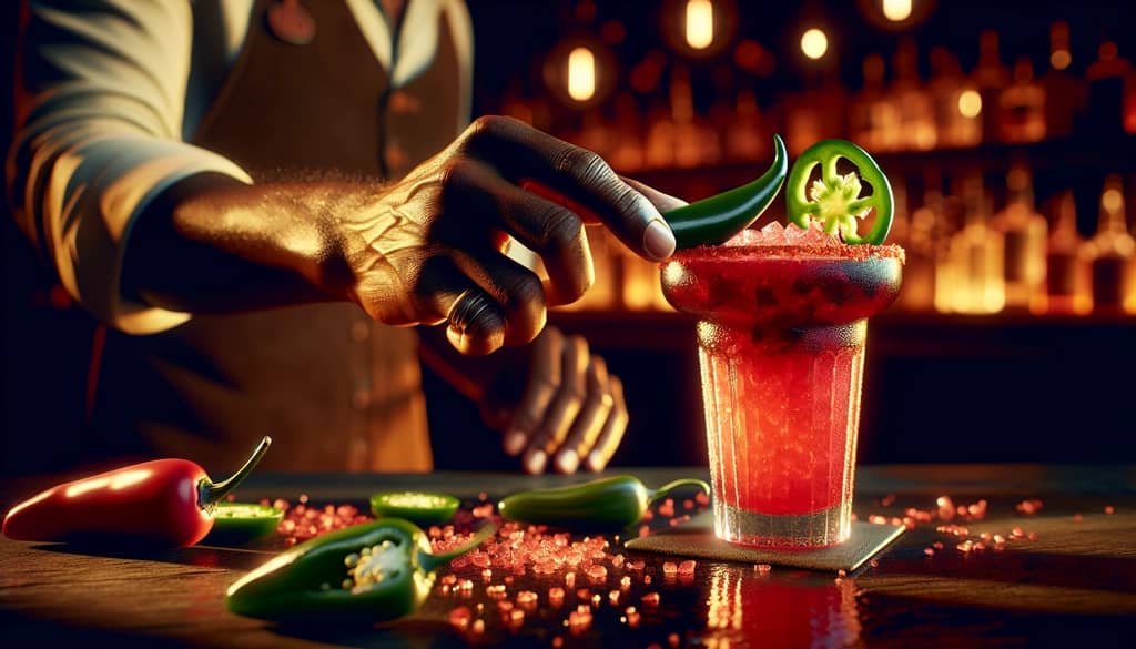 An image showing a bartender’s hand adding a jalapeño slice to a colorful Spicy Hibiscus Mezcal Margarita.