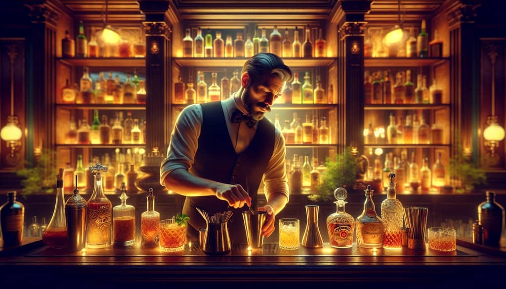 An imaginative depiction of Jon Santer crafting the first Revolver cocktail at Bourbon & Branch