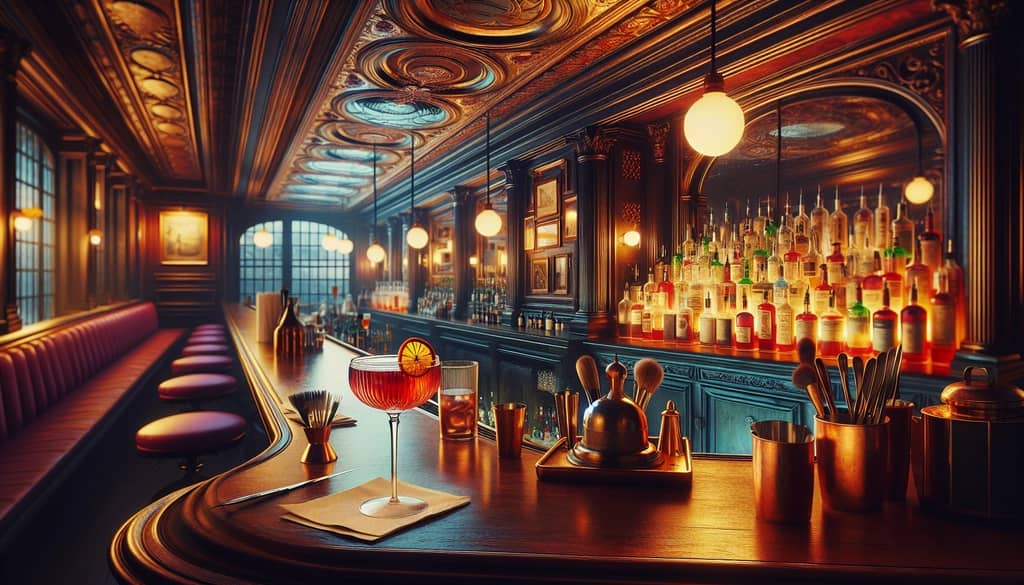 An intimate New York City speakeasy where the Paper Plane cocktail was first concocted, evoking classic elegance and modern artistry.