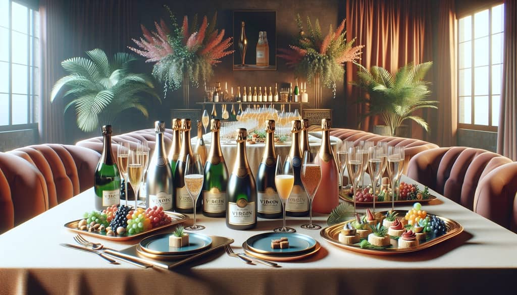 An inviting setup for a virgin champagne tasting with various non-alcoholic options and pairing platters