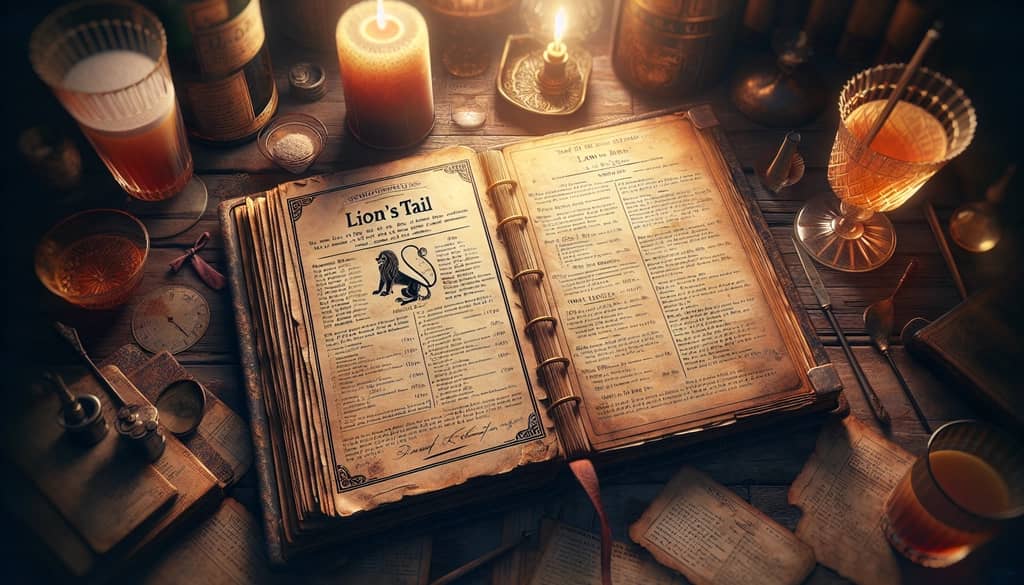 An old cocktail book opened to the page of the Lion's Tail recipe from the 1930s, showcasing its historic roots.