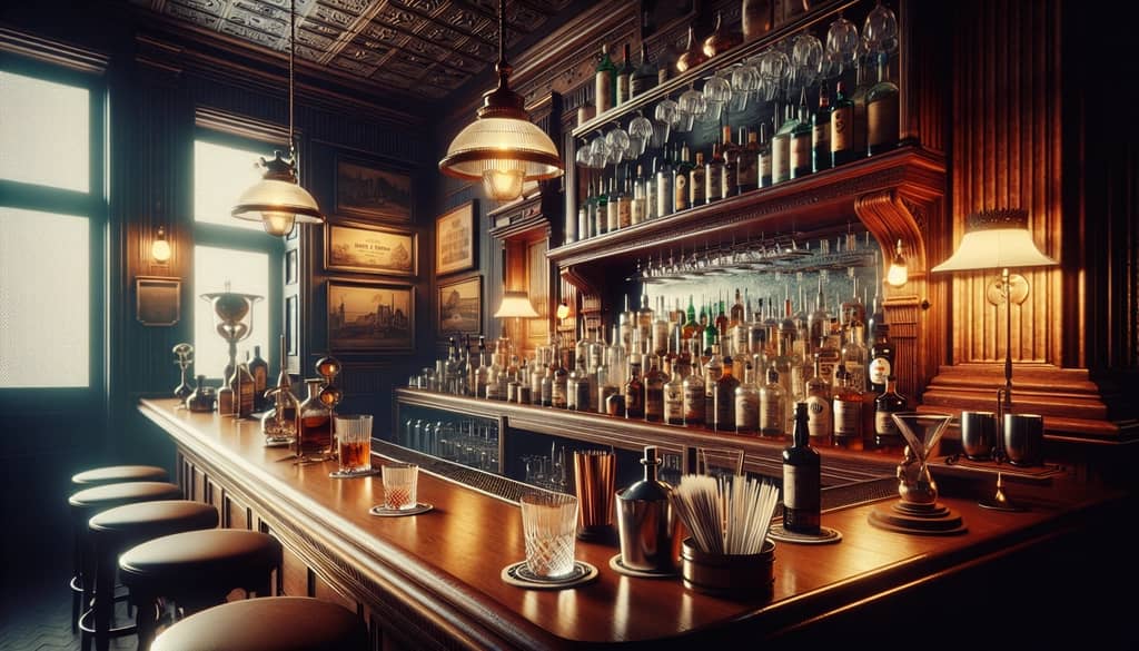 An old-fashioned bar setting, evoking the Prohibition-era origins of the Toronto cocktail
