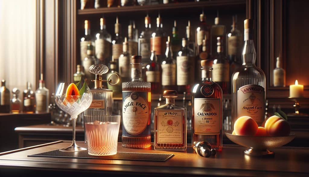 An old-fashioned bar setting featuring classic ingredients of the Angel Face cocktail: gin, apricot brandy, and calvados