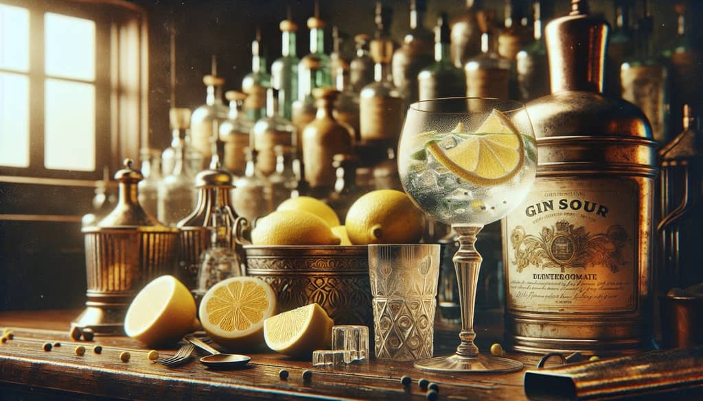 An old-fashioned bar setting showcasing the historical origins of the Gin Sour, complete with vintage glasses and fresh lemons.