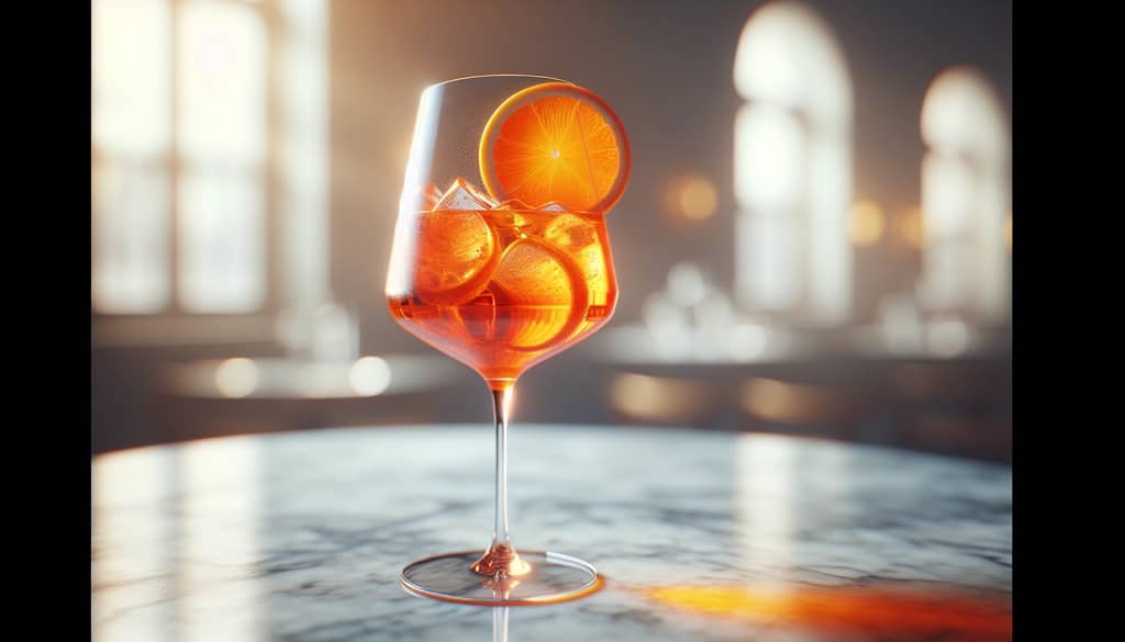 aperol spritz in stemmed wine glass with orange slice