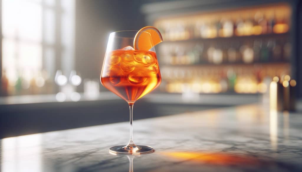 오렌지 슬라이스 장식을 올린 와인 글라스의 아페롤 스프리츠 칵테일