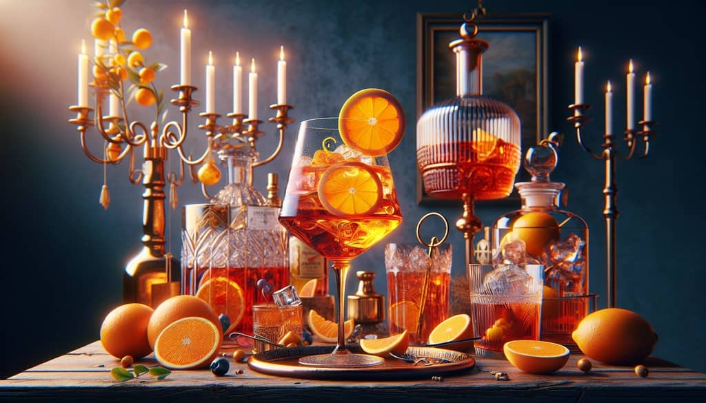 Aperol Spritz with St Germain displayed in an intricate glass, showcasing its bright orange hue and garnished with an orange slice.