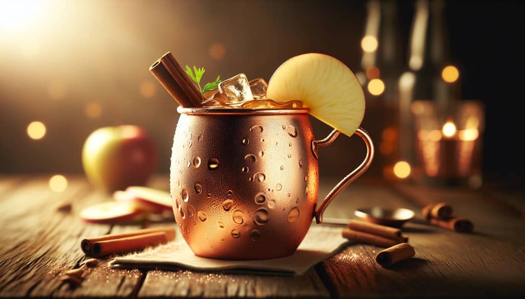 copper mug with apple cider cinnamon mule cocktail and apple garnish