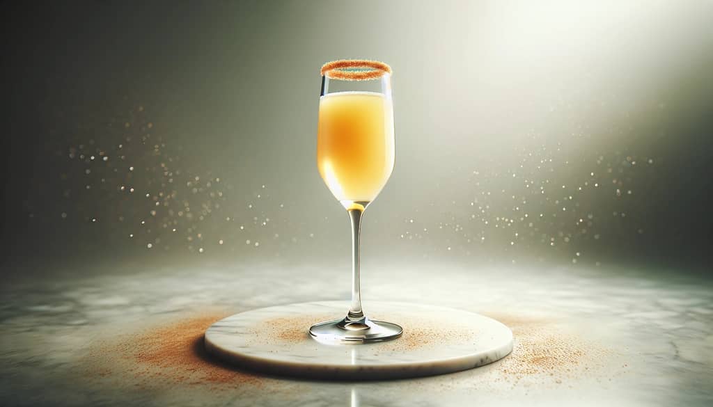 mimosa sari apel dalam gelas flute dengan tepi gula kayu manis