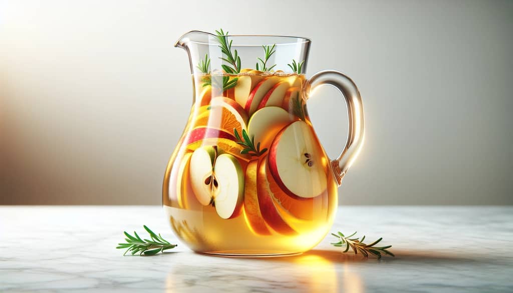 apple cider sangria pitcher with mixed fruit and herbs