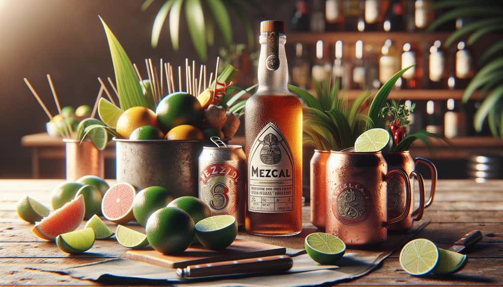 Arrangement of ingredients for a Mezcal Mule, including mezcal, ginger beer, lime, and garnishes, ready to create the cocktail.