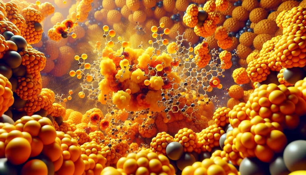 Artistic depiction of mango juice molecules fighting free radicals, symbolizing its antioxidant strength.