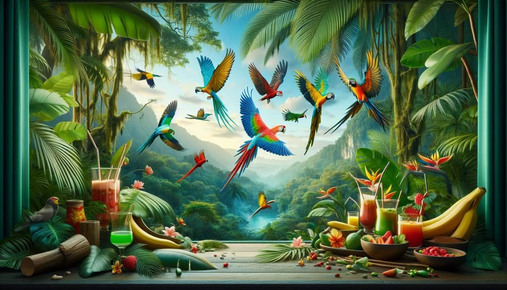 Artistic representation of colorful jungle birds like parrots and toucans soaring amidst lush greenery, symbolizing the inspiration behind the Jungle Bird cocktail.