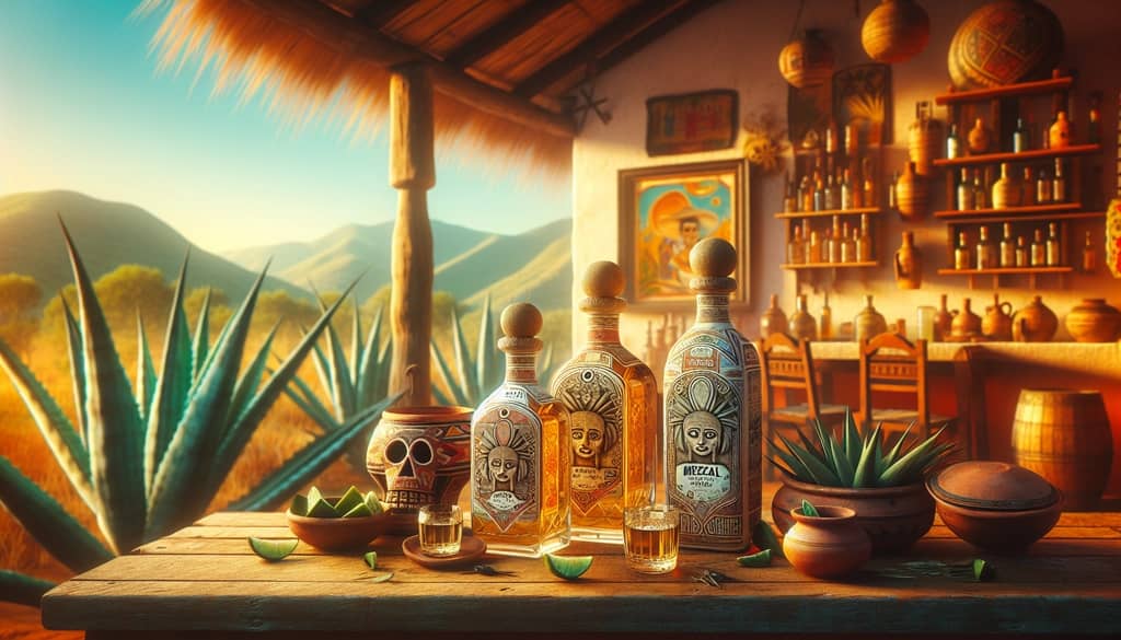 Artistic representation of mezcal bottles from Oaxaca, reflecting the cultural roots of the cocktail