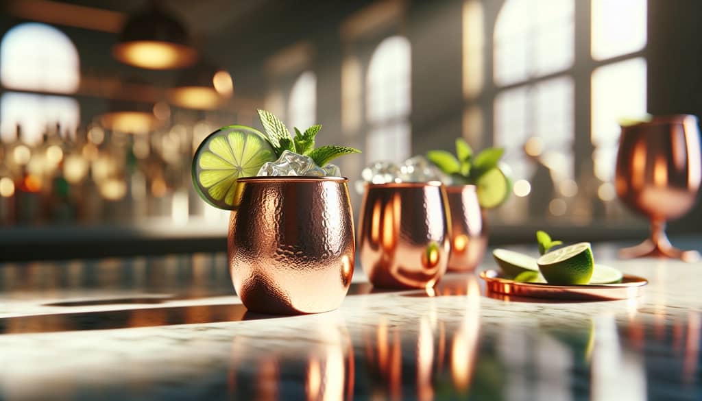 Assorted cocktails in copper mugs on bar