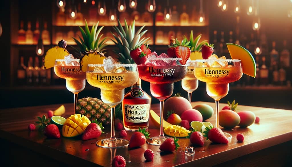 Assorted Hennessy Margarita variations featuring strawberries, pineapple, and mango showcase creative cocktail twists.