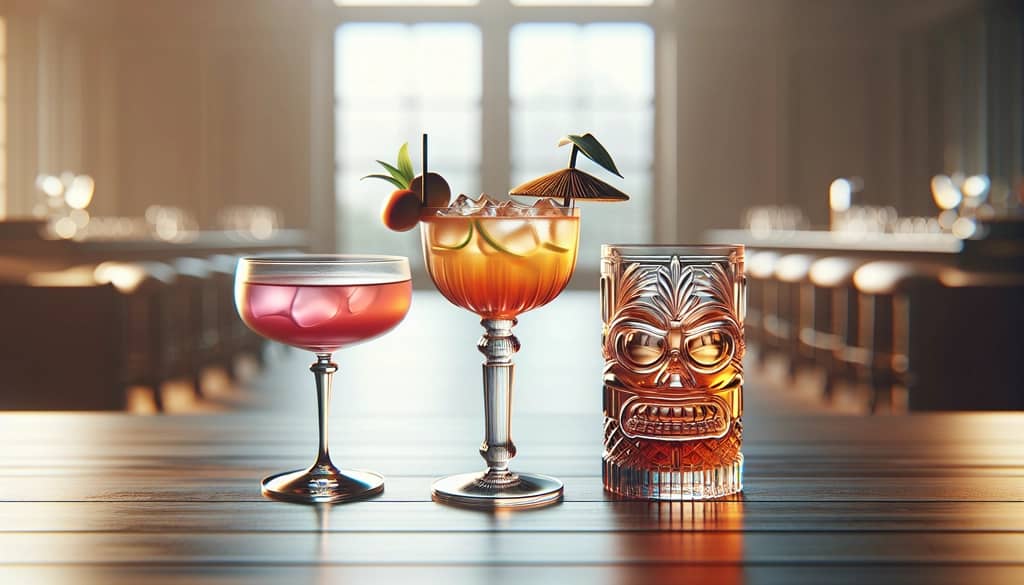 cocktails in assorted glassware on a party table