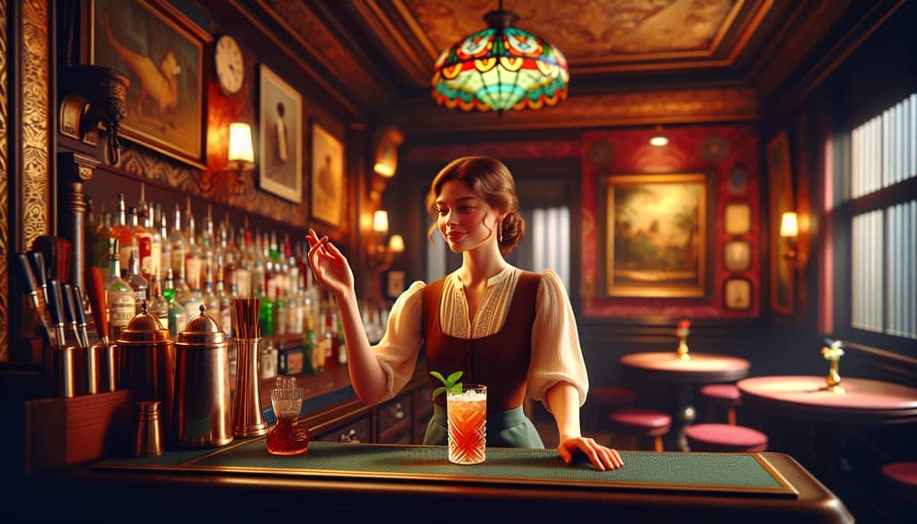 Audrey Saunders at a classic speakeasy, showcasing her creation, the Old Cuban cocktail, renowned for its historical significance.