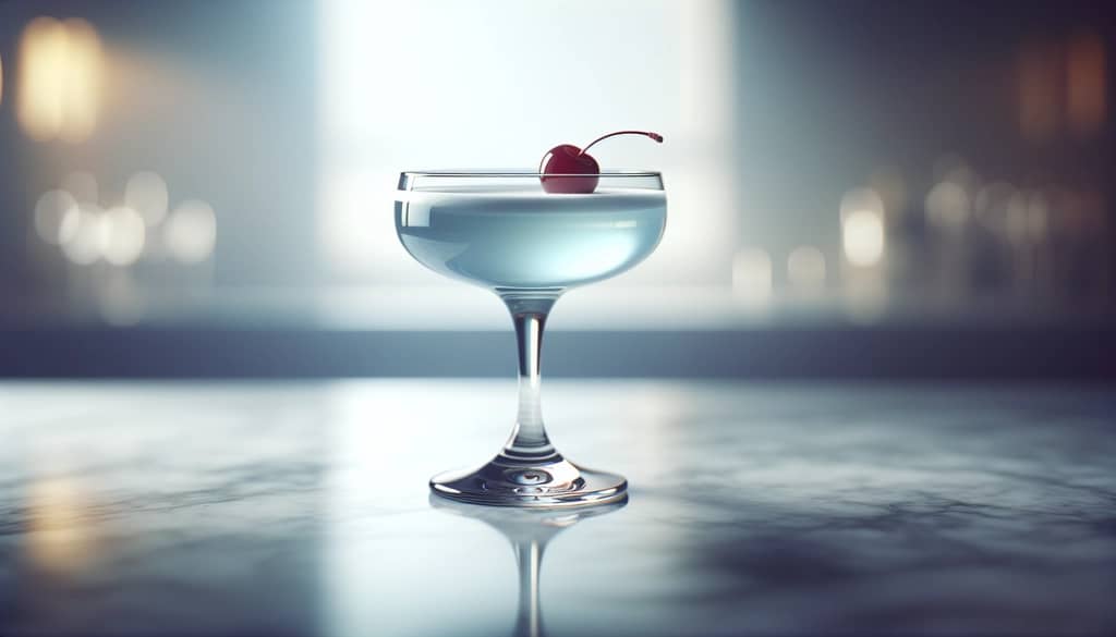 마라스키노 체리가 들어간 쿠페 잔의 에비에이션 칵테일