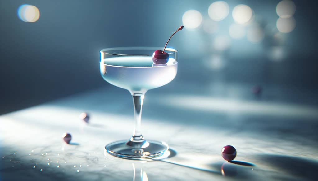 바이올렛 빛깔의 애비에이션 칵테일이 쿠페 잔에 담긴