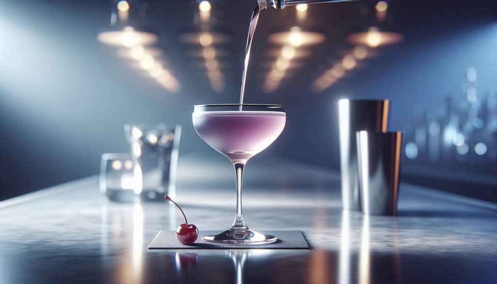 pouring aviation cocktail in coupe with cherry