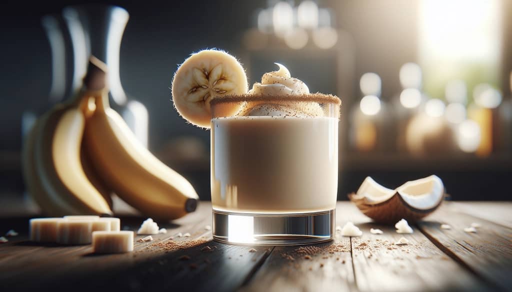 banana coconut white russian cocktail in a rocks glass with nutmeg garnish