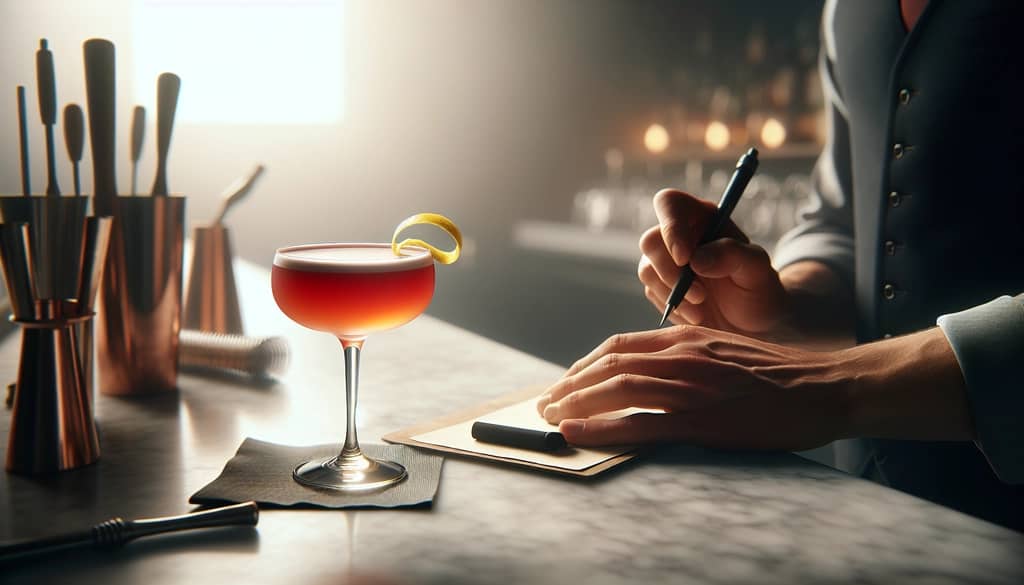 bartender writing cocktail notes at clean bar