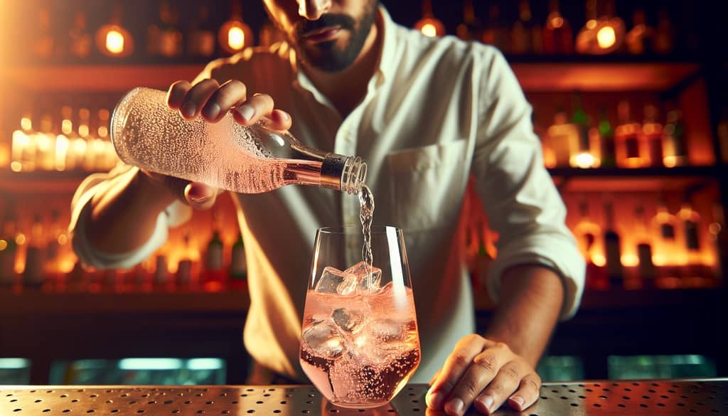Bartender creating a spritz by pouring club soda over rosé wine in a glass filled with ice.