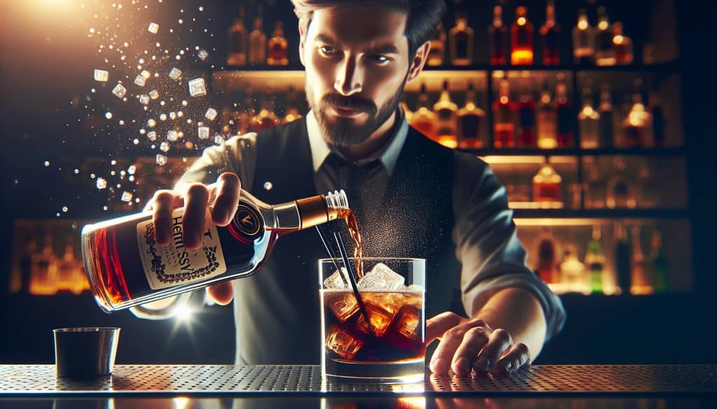 Bartender mixing Hennessy and Coke over ice, illustrating the simple preparation process