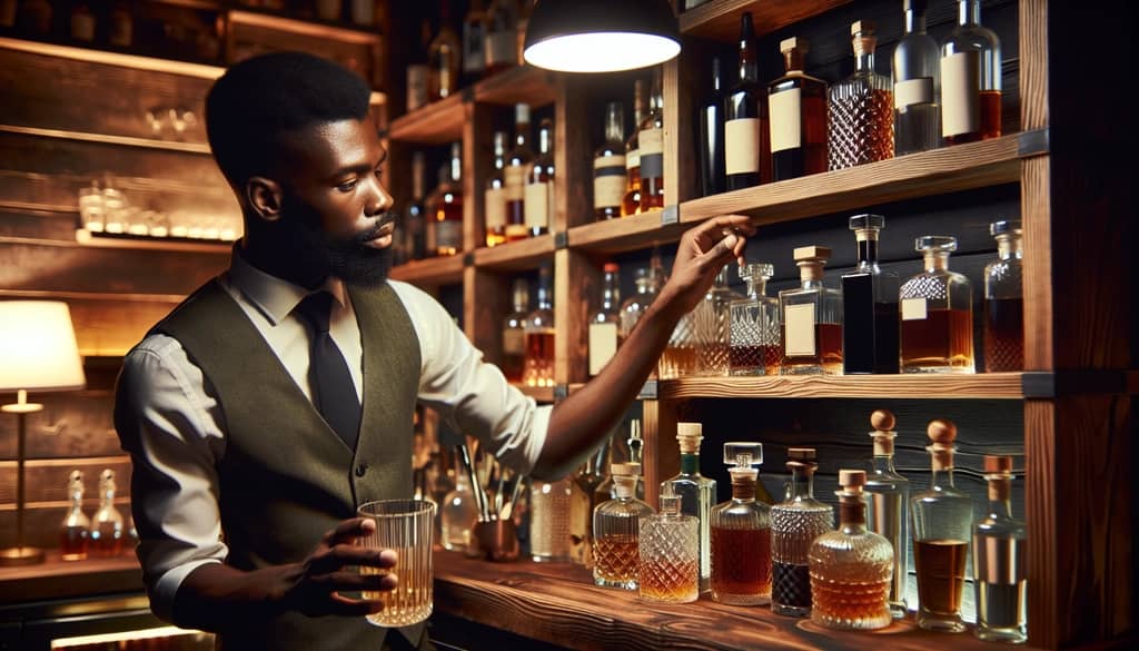 Bartender selecting high-quality bottles from a local distillery to enhance the home bar setup.
