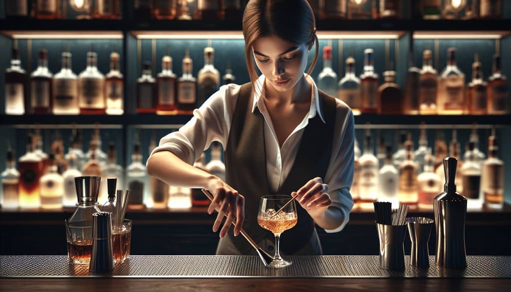 Bartender stirring an Old Pal cocktail with precision, highlighting expert techniques from Imbibe and the Educated Barfly