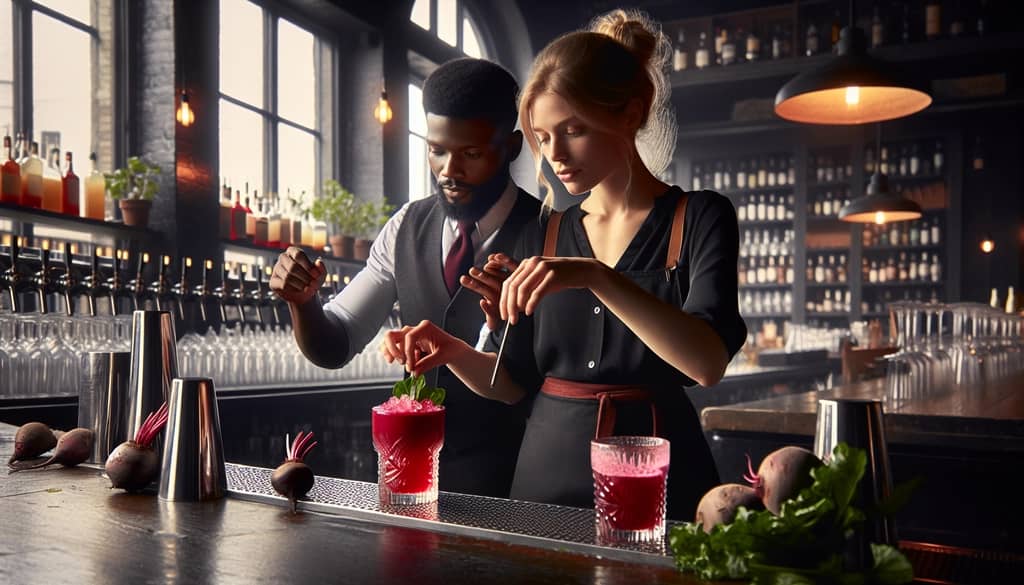 Bartenders mixing a beet margarita at Proof on Main, illustrating the craftsmanship and creative flair behind the cocktail.