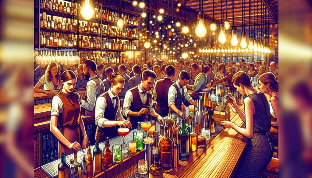 Bartenders preparing the Naked and Famous cocktail in a bustling cocktail bar setting.