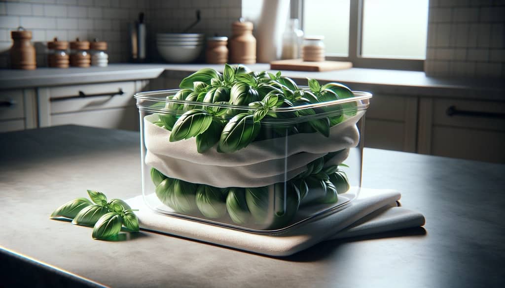 fresh basil leaves wrapped in damp paper towel