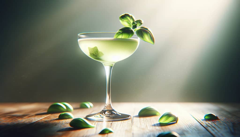 Basil gimlet in coupe glass with basil sprig