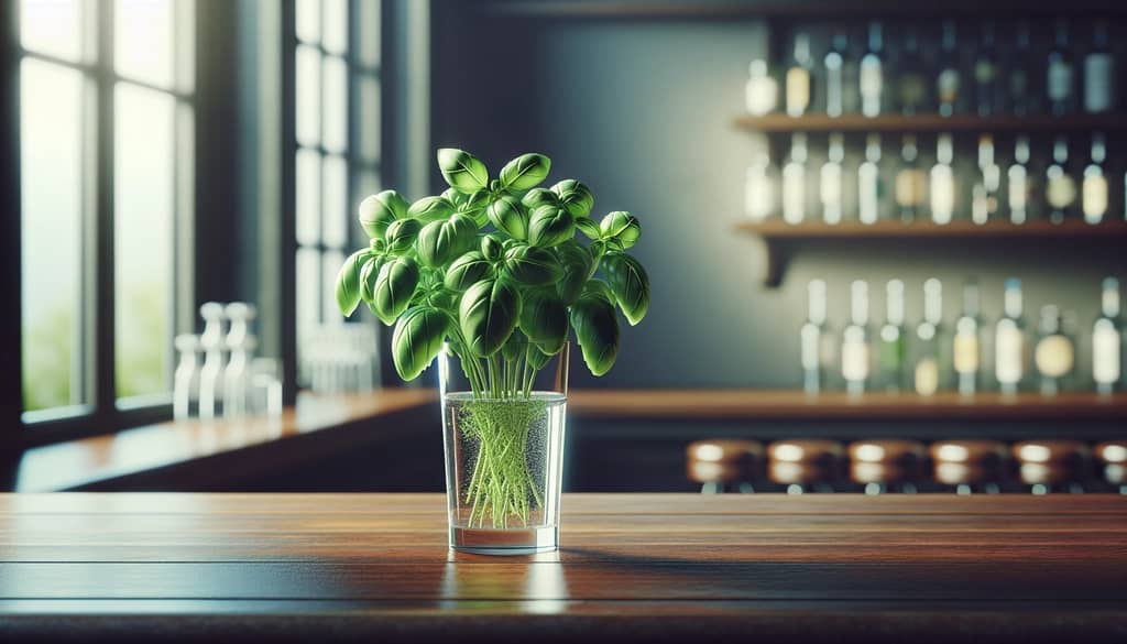 조리대 위 물잔에 신선한 바질