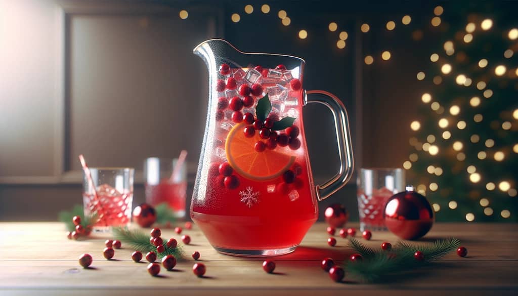 batch holiday cocktail in a glass pitcher with garnish